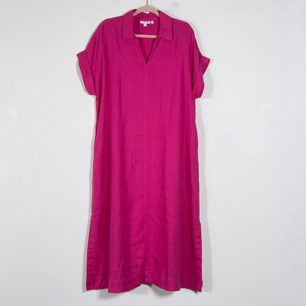 Chico's Linen Midi Dress Women Sz 2P Pink V-Neck Short Sleeve‎ Split Hem
